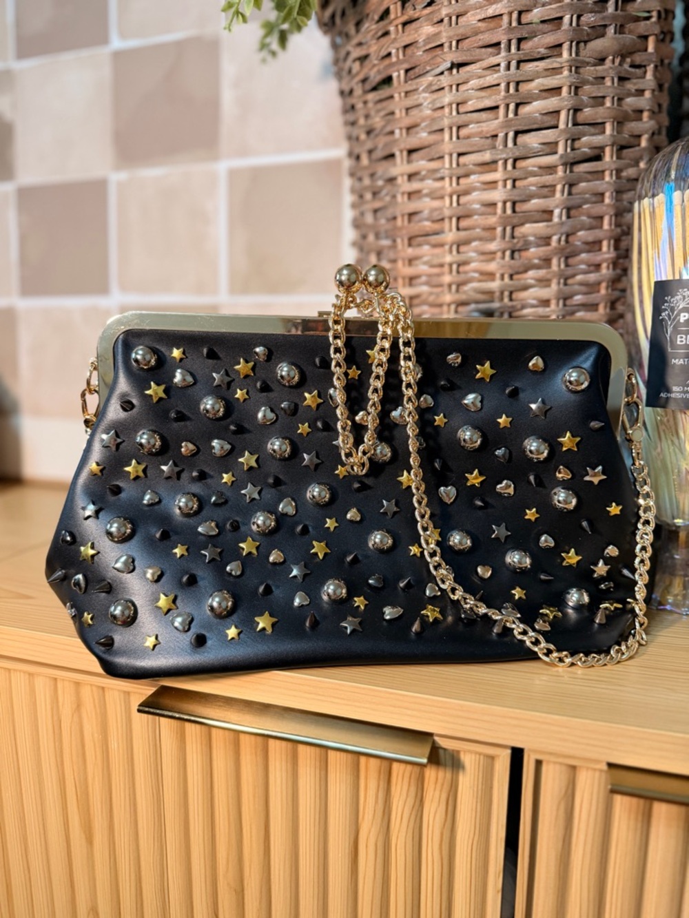 Black Studded Evening Clutch with Gold Chain